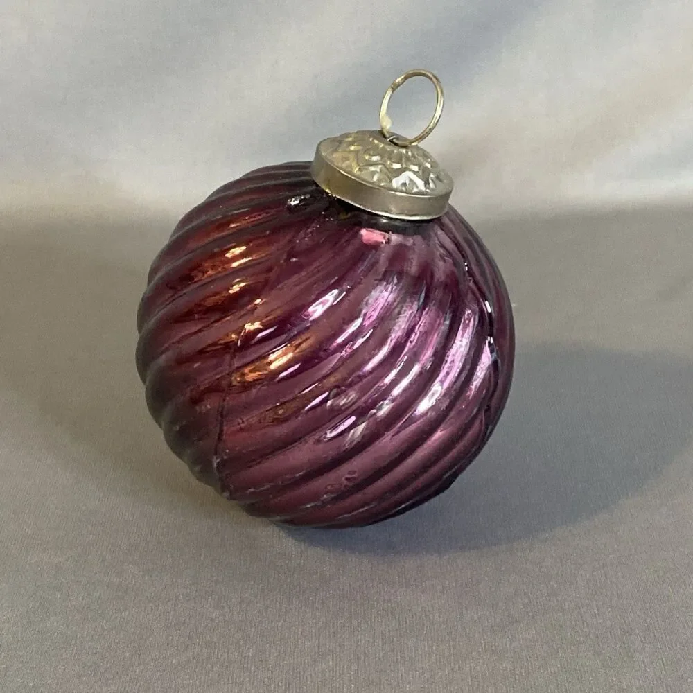 Kugel Inspired Blown Glass Ball Ornament Purple Ribbed Swirl Christmas Decor